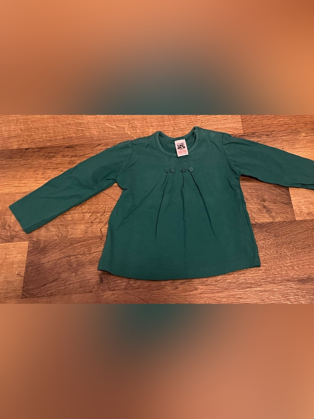 ZARA Baby Green Cotton Jersey Pullover Top Long Sleeve Pleated Buttons 6-9M